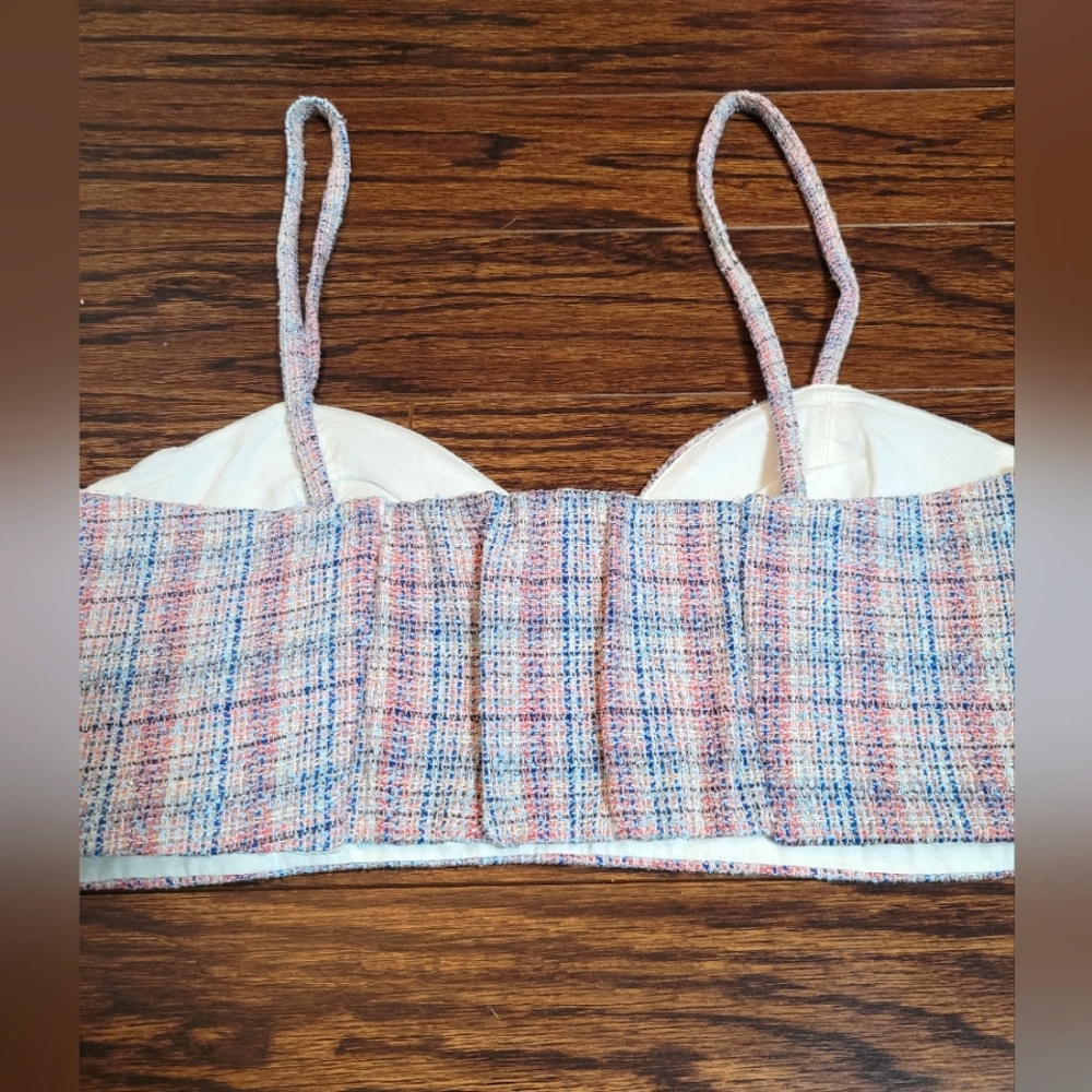 ZARA NEW Pink Blue Tweed 72% Cotton Cropped Heartshaped Neckline Spaghetti Strap - Picture 12 of 16